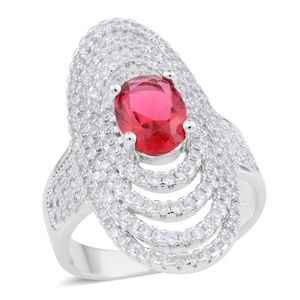 Simulated Ruby, Simulated Diamond Silvertone Ring